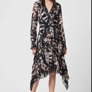 AllSaints Lizia Wing Black Printed Midi Dress Sz 8